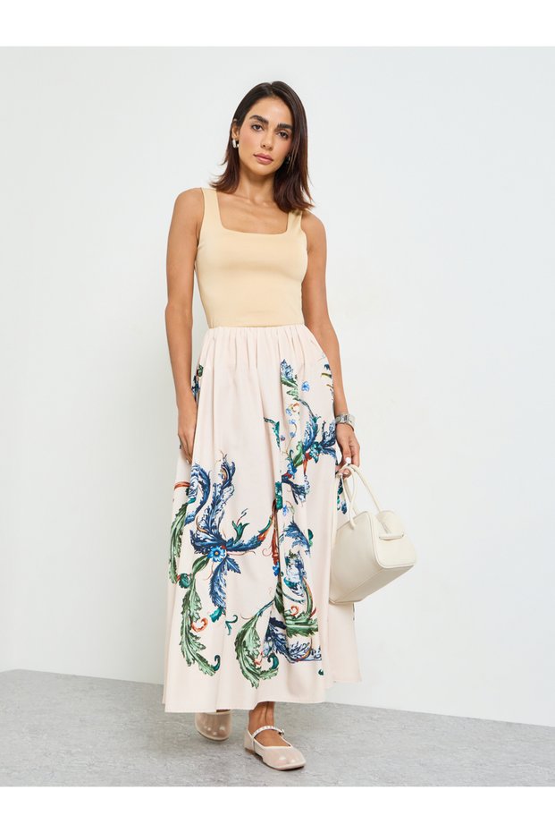 Beige A-Line Midi Skirt with Floral Print
