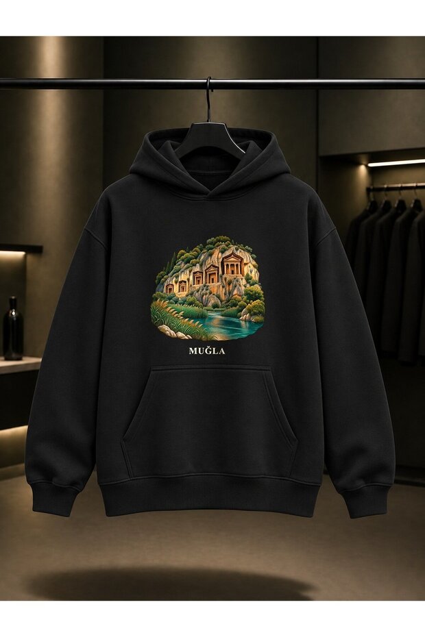 Muğla Kaunos Rock Tombs Printed Unisex 100% Cotton Hooded Sweatshirt