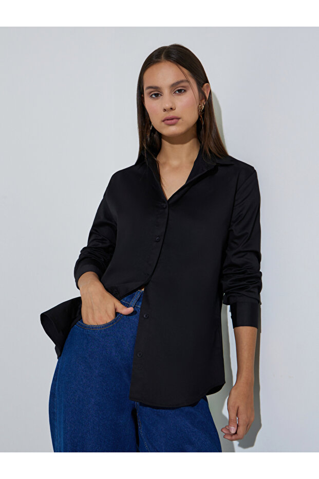 Black Solid Longlined Long Sleeves Oversized Shirt