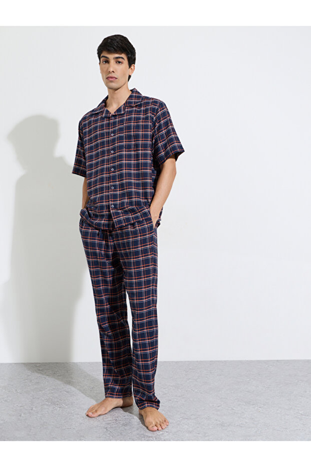 Multi-Color Checked Short Sleeves Shirt and Straight Leg Pants Pyjama Set