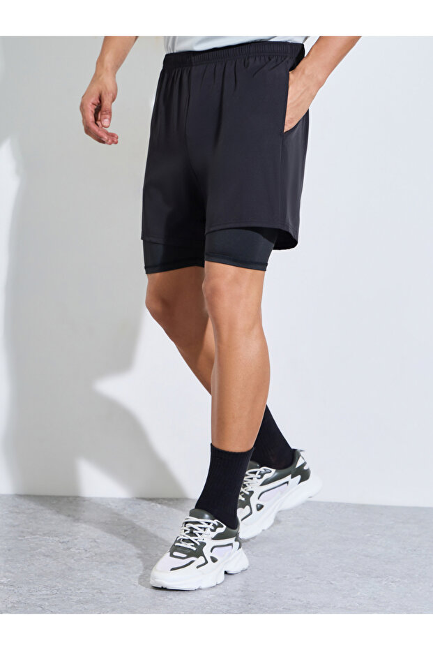 Men Black 2in1 Running Shorts