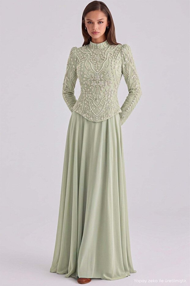 Exclusive Hijab Evening Dress with Bead and Stone Patterned Chiffon Combination Mi̇nt 1120-Y