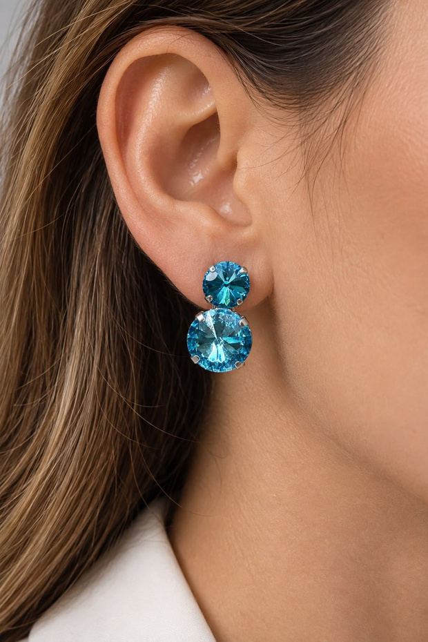 Turquoise Crystal Stone Round Model Double Stone Women's Earrings