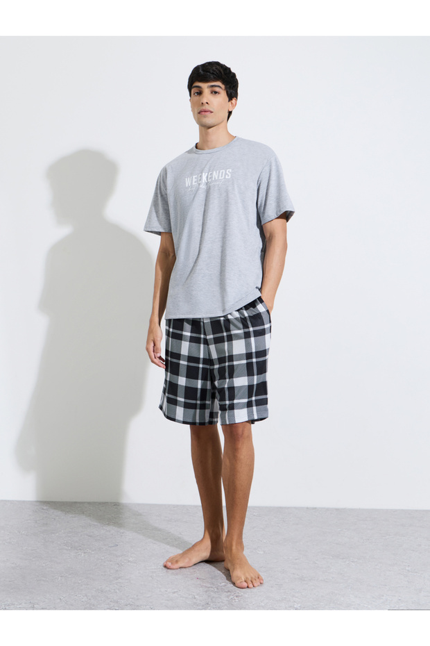 Grey Slogan Print T-Shirt and Checked Shorts Pyjama Set