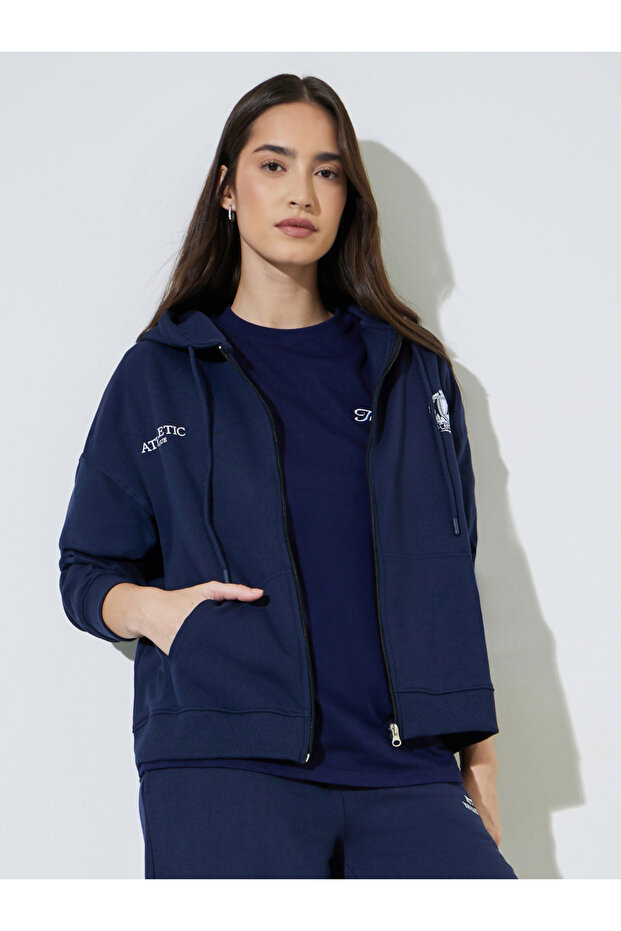 Dark Blue Printed Zip-Up Longlined Oversized Hoodie