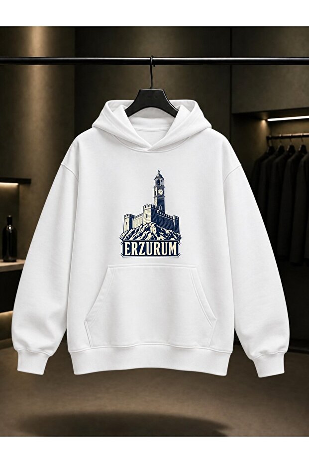 Erzurum Castle and Clock Tower Printed Unisex 100% Cotton Hooded Sweatshirt