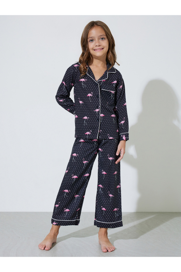 Girls Black Flamingo Print Shirt and Pants Pyjama Set