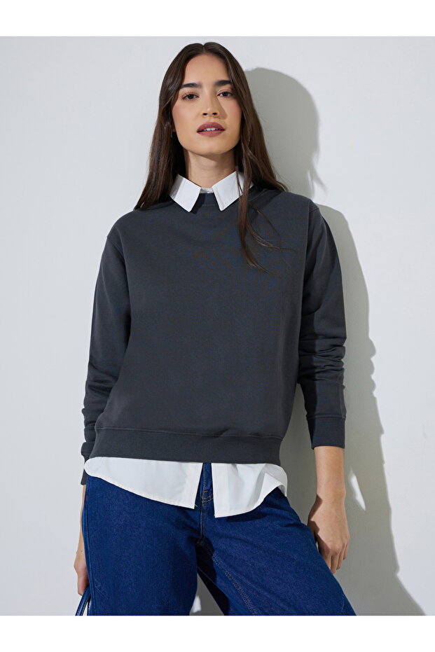Charcoal Solid Long Sleeves Regular Fit Sweatshirt