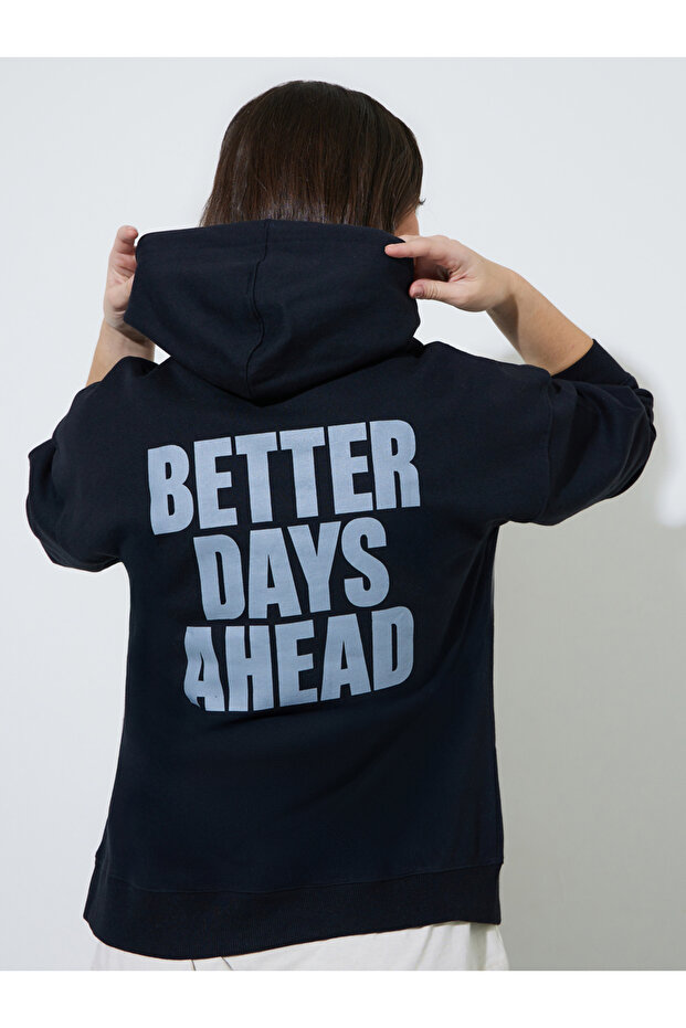 Black Slogan Print Long Sleeves Oversized Hoodie