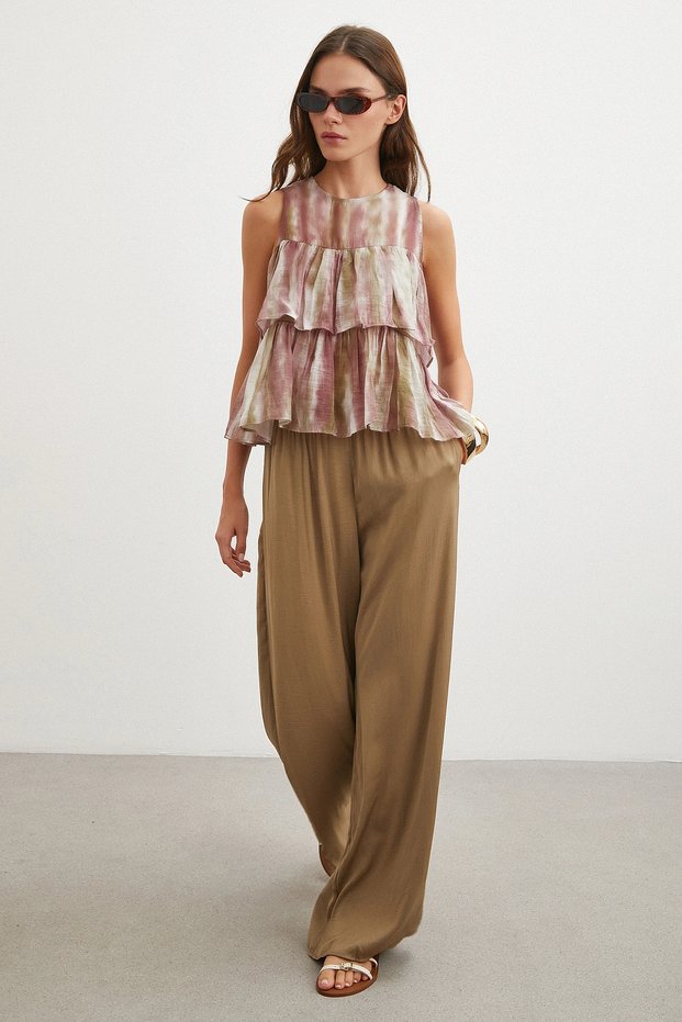 Elastic Waist Draped Wide Leg Pants Dark Champagne