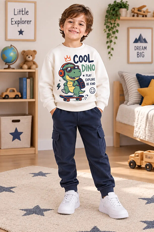 Dinazor Baskılı Oversize Çocuk Swetshirt