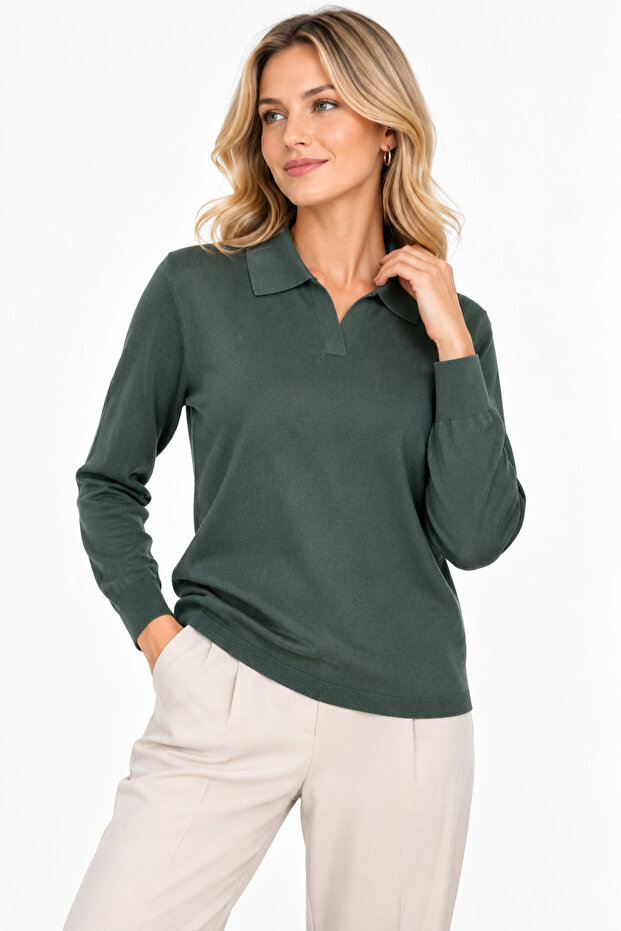 Women's Polo Neck Basic Plain Blouse A.Green
