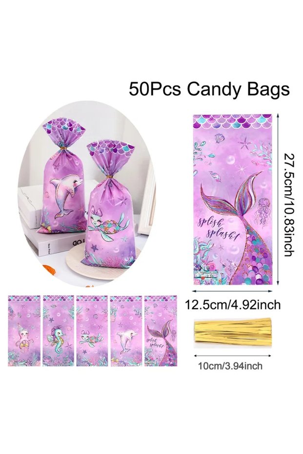 12.5x27.5cm 50pcs 25/50pcs Mermaid Gift Bags Little Mermaid Gift Candy Treat Bags for Ocean Mermaid