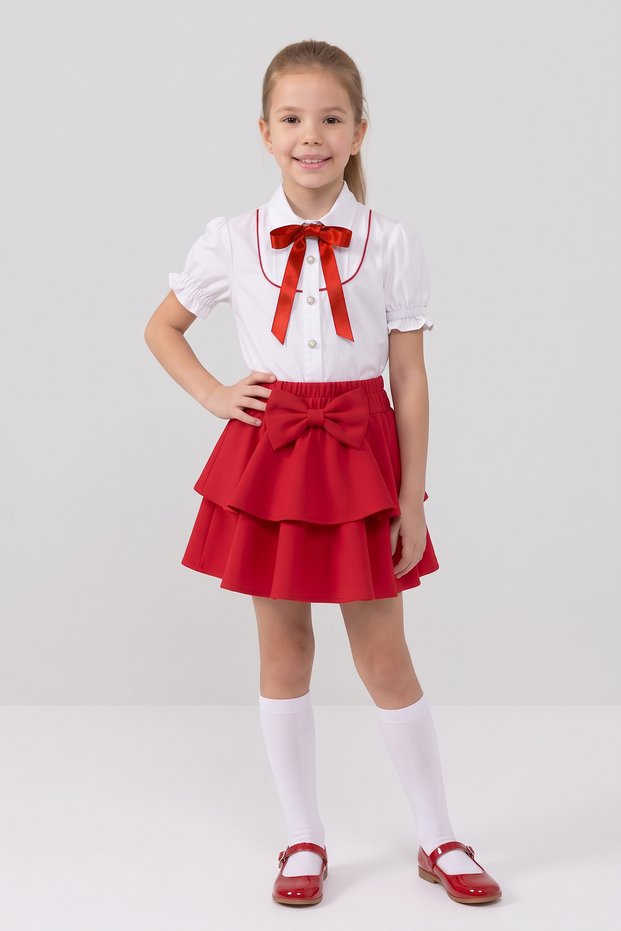 Girls' Red Bowknot Red Piping Short Sleeve Shirt Red Bowknot Layered Skirt October 29 April 23 Show Outfits