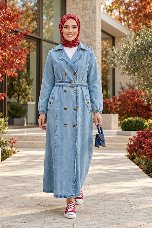 Women's Belted Buttoned Pocketed Light Blue Trench Coat