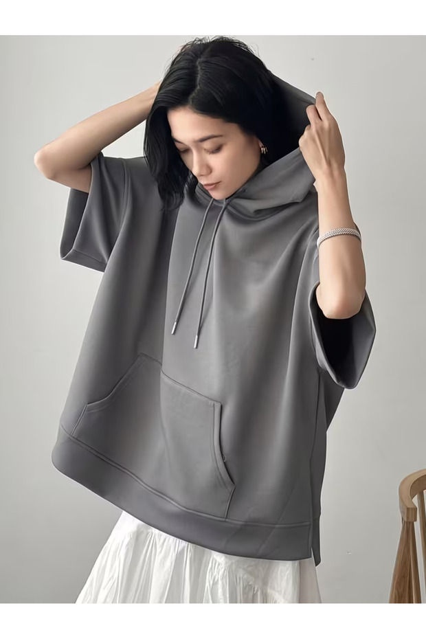 Women's Short Sleeve Oversize Kangaroo Pocket Hooded Sweatshirt