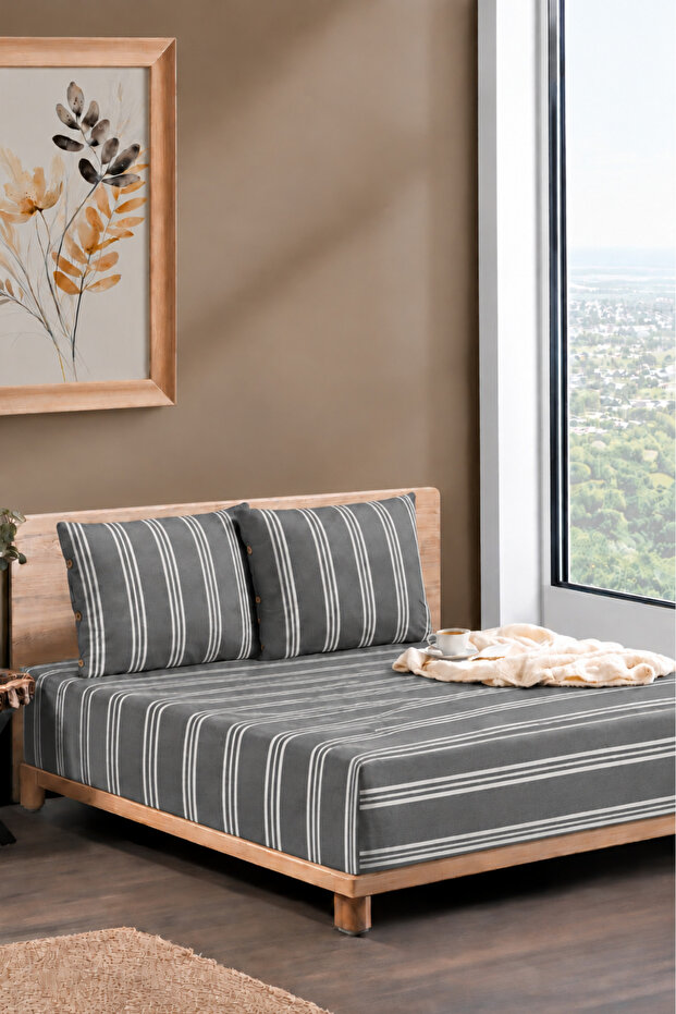 Striped Cotton Double Elastic Fitted Sheet Set Pillows with Buttons Fitted 180X200+30 cm Elastic Sheet and 2 Pieces 50X70Cm Pillowcases