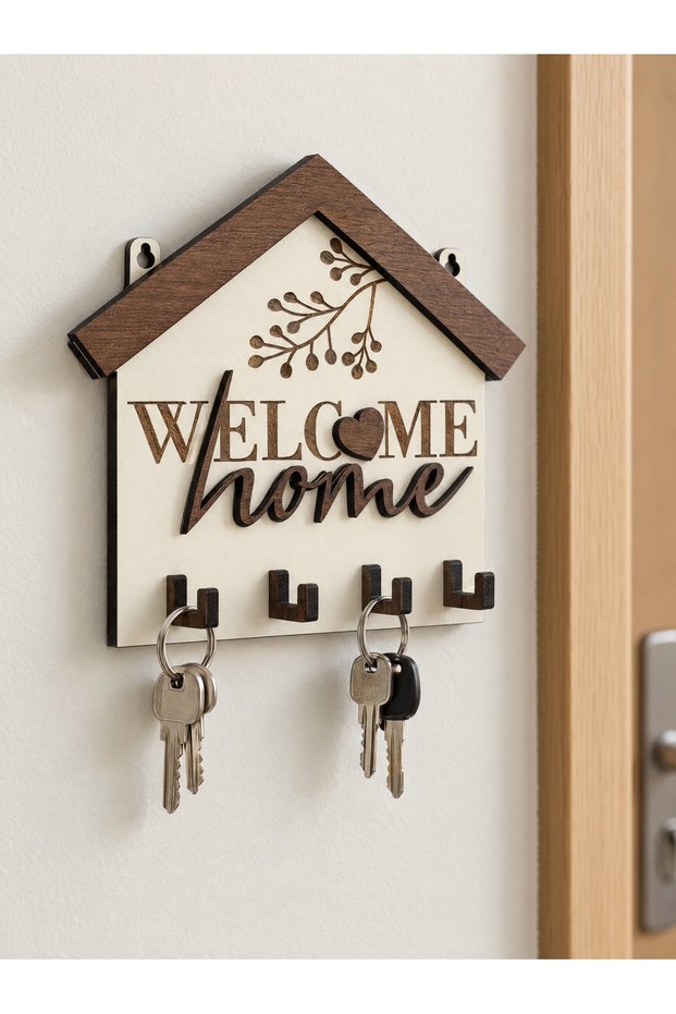 House Shaped Mdf Wall Key Hanger with 4 Hooks Welcome Home 18X17 cm