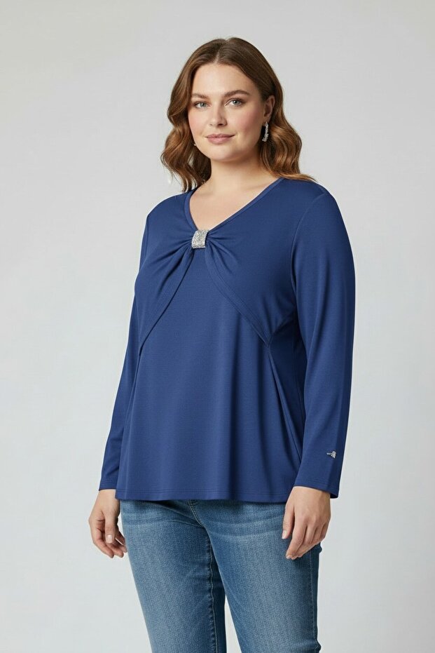 Accessory Detailed Asymmetrical Cut Plus Size Knitwear Blouse Navy Blue