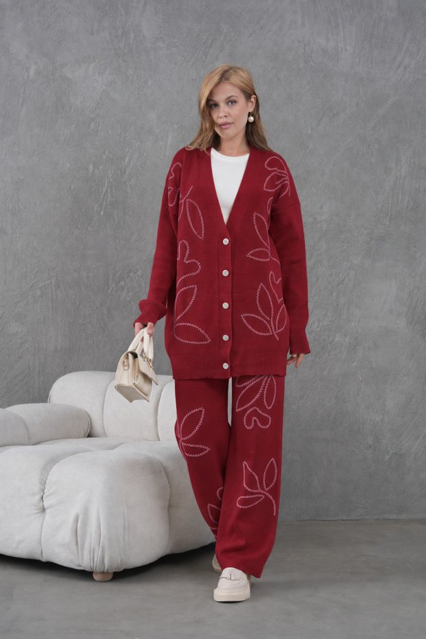 Women's Embroidered Buttoned Knitwear Cardigan Wide-Leg Pants Two-Piece Set
