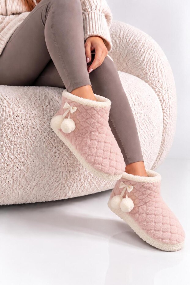 Women's Powder Pompom Detailed Comfortable Plush Home Boots, Slippers