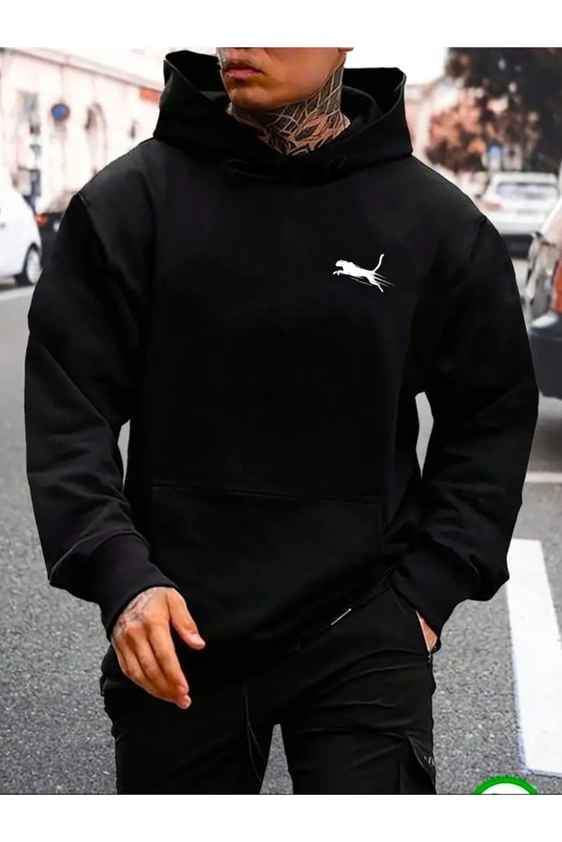 Men's Minimal Leopard Print Design Trendy Oversize Hooded Sweatshirt Relaxed Fit Casual Sports