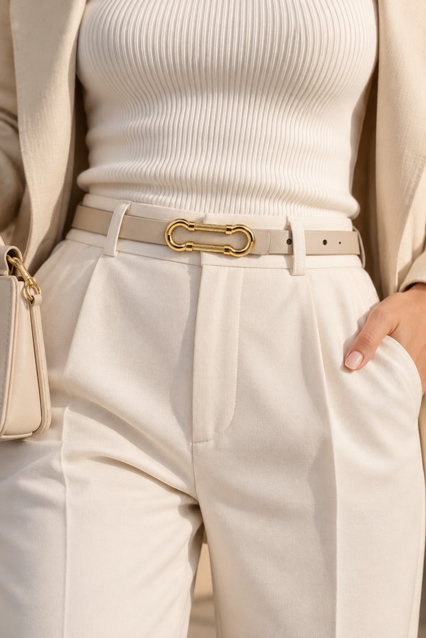 Women's Thin Belt with Gold Metal Buckle, Stylish Casual Belt for Trousers and Dresses