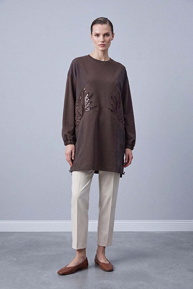 Sequined Leaf Embroidered Tunic Brown 10816