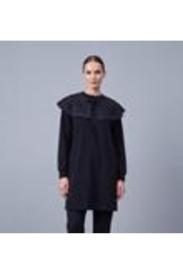Scalloped Collar Cutout Lace Detailed Tunic Black 10820