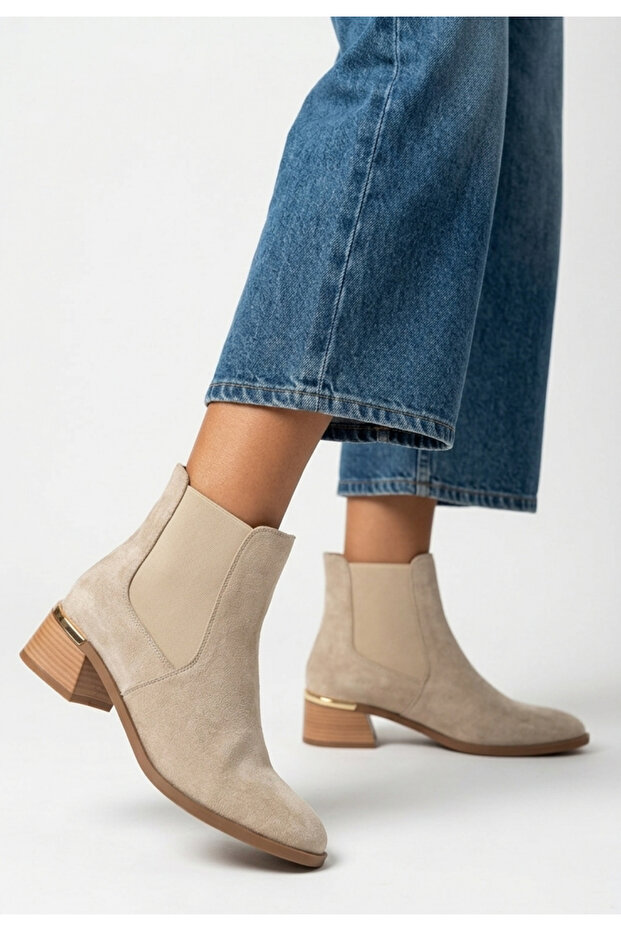 Gena Premium Beige Suede Thick Heeled Women's Chelsea Boots