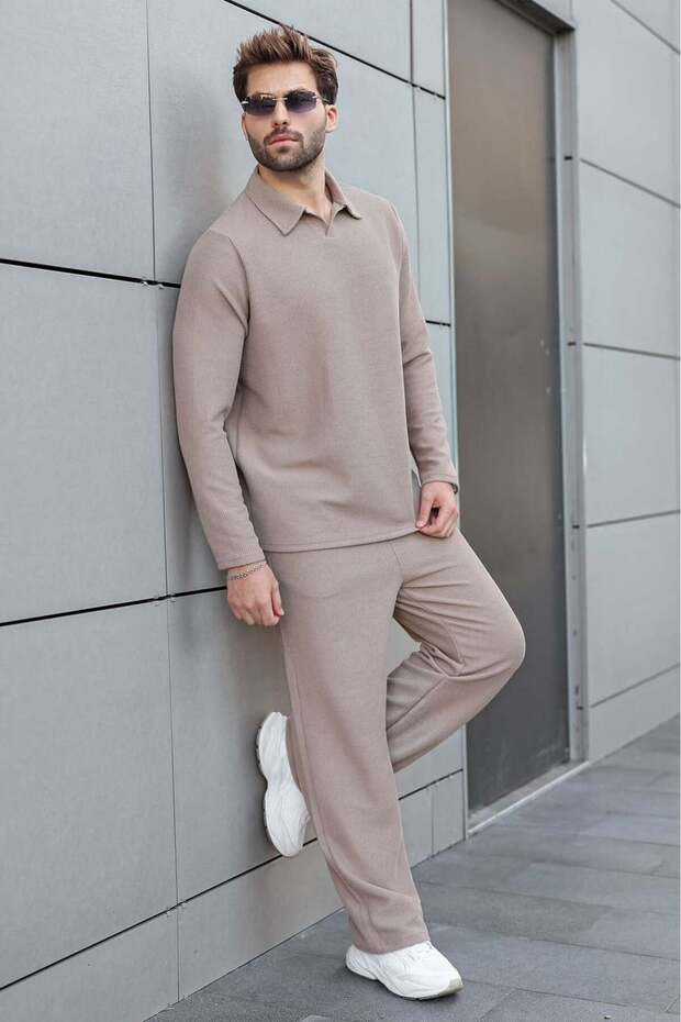 Mink Polo Collar Jacquard Relaxed Fit Men's Tracksuit Set E7379