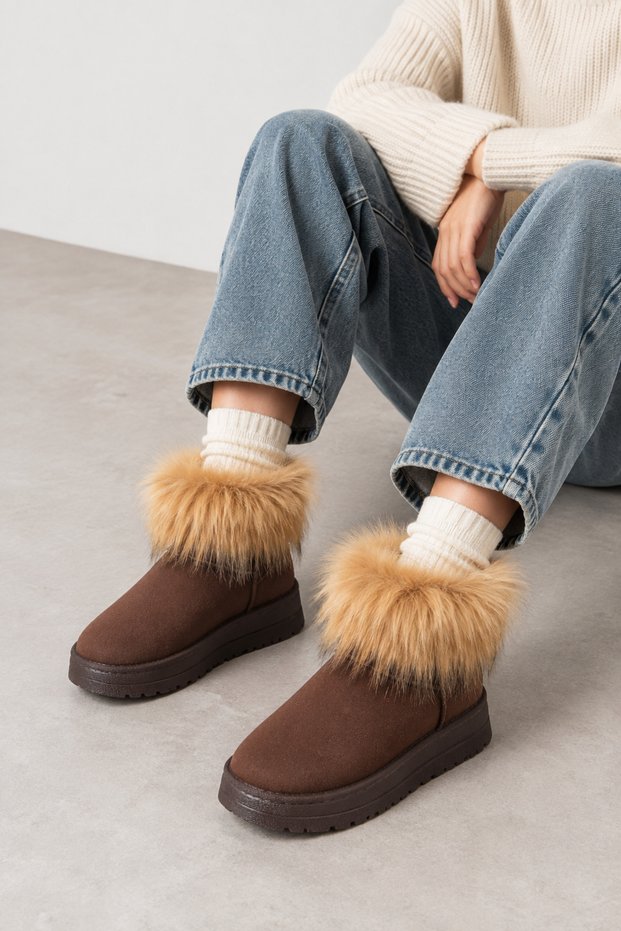 Women's Bitter Brown Suede Honey Color Furry Winter Boots with 5cm Thick Sole for Daily Wear
