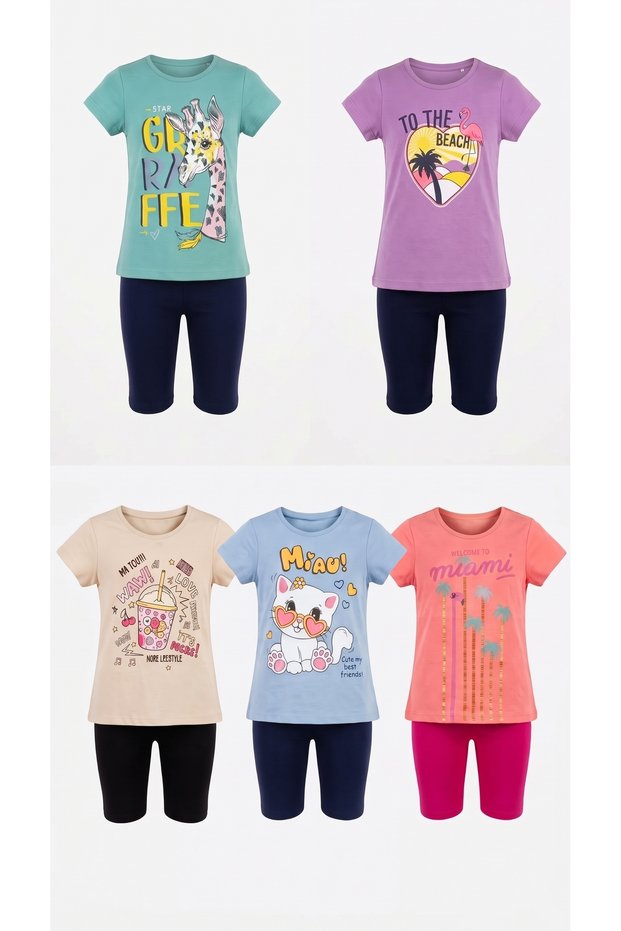 5-Piece Children's Set Character Printed Crew Neck Short Sleeve T-Shirt Capri 2-Piece Set 1-7 Years Old Cotton