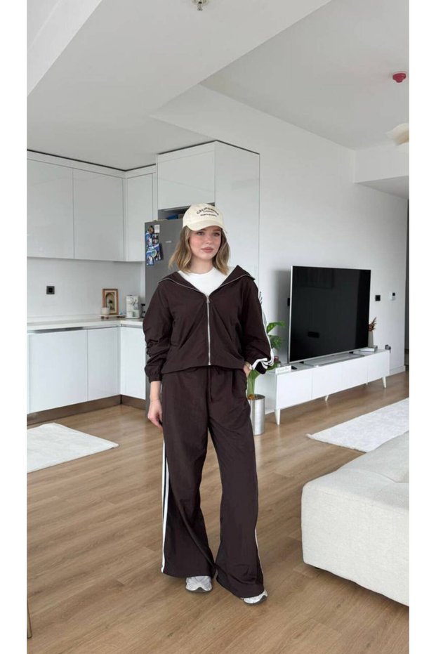Women's Brown Striped Parachute Hooded Sweatshirt Tracksuit Set