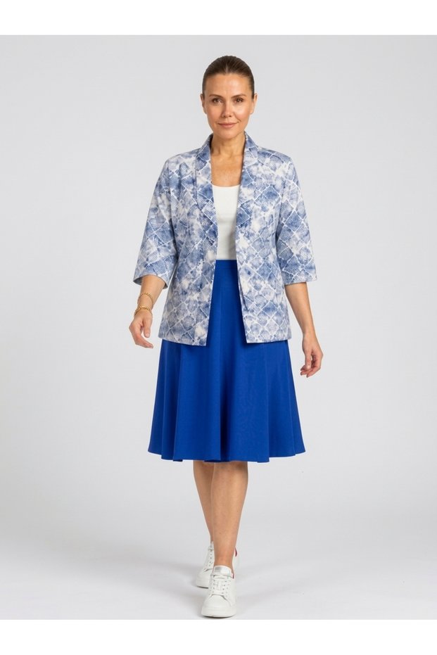 Women's Saks Blue Patterned Three-Quarter Sleeve Jacket and Flared Skirt Two-Piece Set