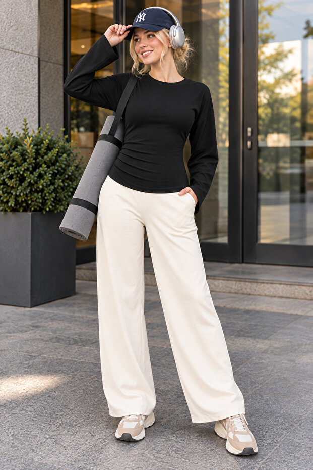 Women's Black Side Gathered Detailed Waist-Fitted Blouse
