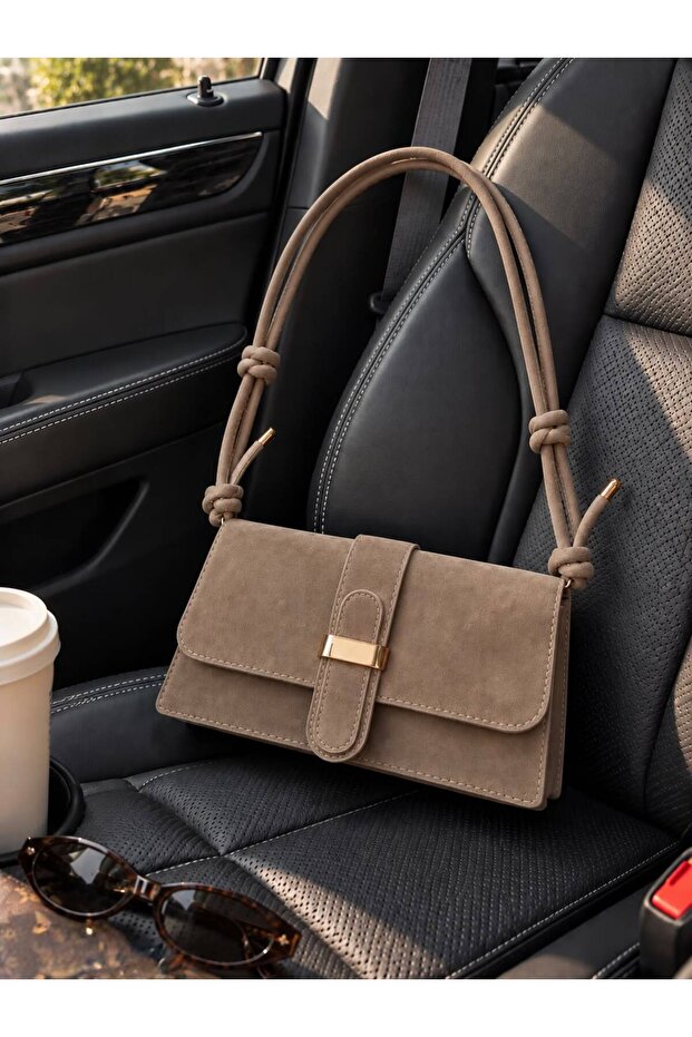 Suede Handbag with Knot Strap Detail - Daily Baguette Bag with Magnetic Closure 25X13Cm
