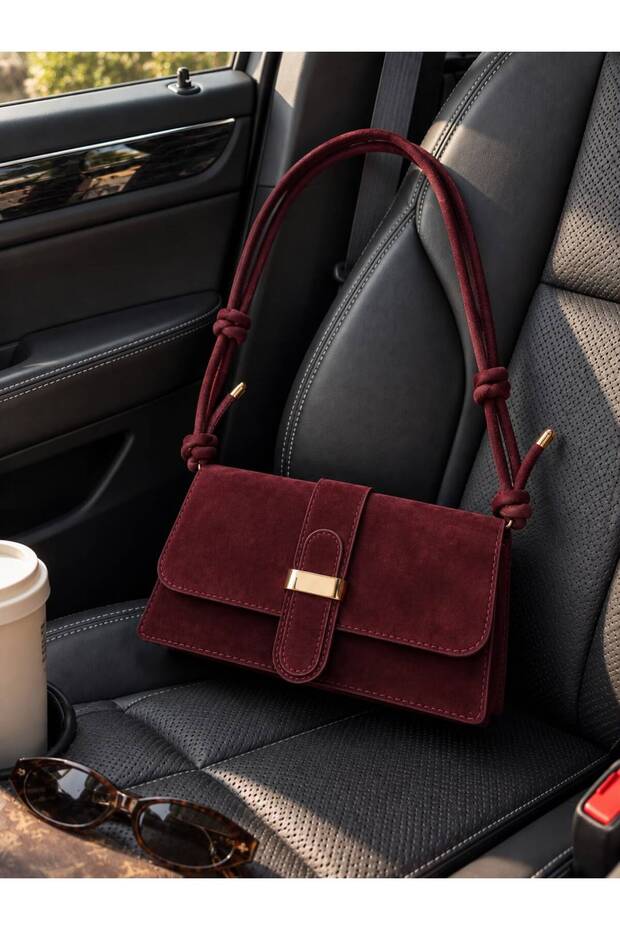 Suede Handbag with Knot Strap Detail - Daily Baguette Bag with Magnetic Closure 25X13Cm