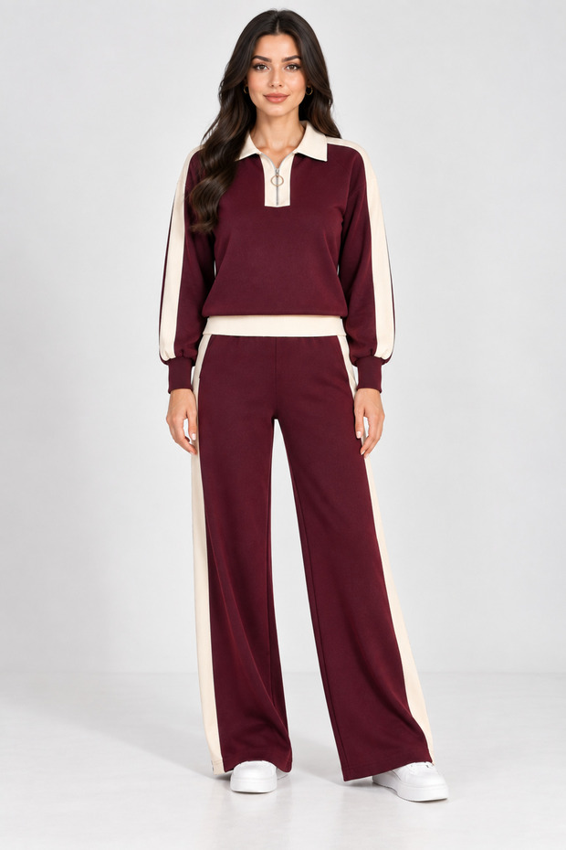 Women's Stylish Stripe Detailed Half Zipper Collared Knitwear 2-Piece Set Wide Leg