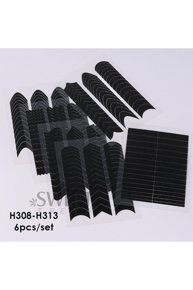 H308-H313 6pcs set French Strip Line Nail Art Form Fringe Tip Guides Wavy Oblique Spray Template Sti