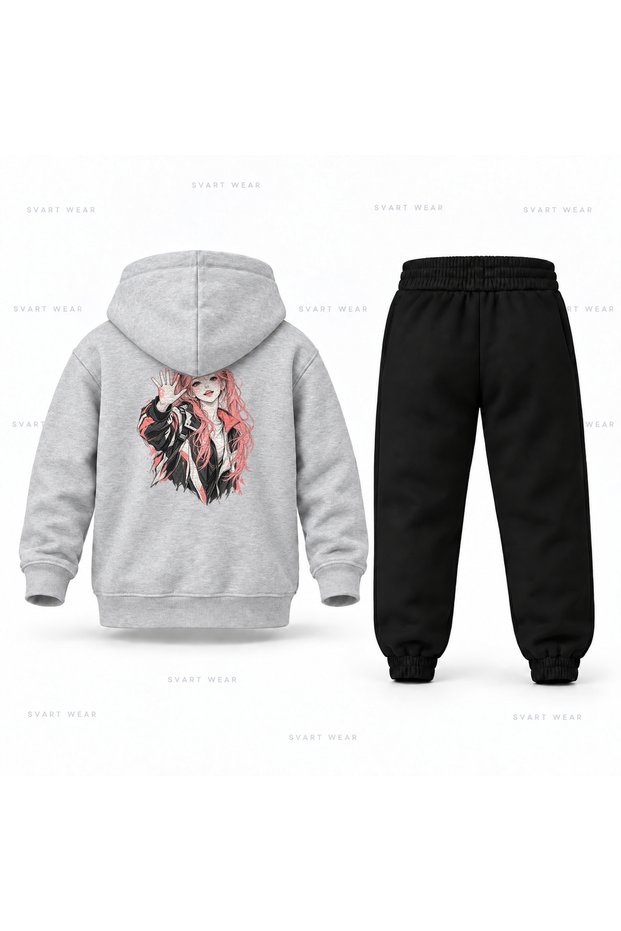 Kpop Demon Hunters Mira Charcoal Grey Salute Printed Children's Hooded Tracksuit Set