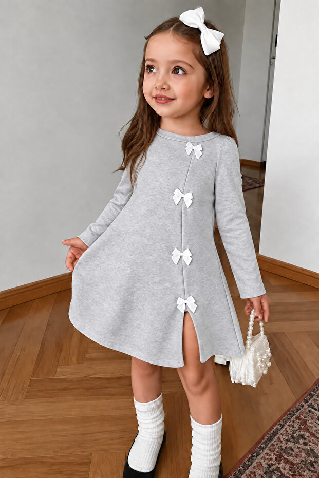 Children's Long-Sleeved Dress with Bow Detail and Slit Skirt