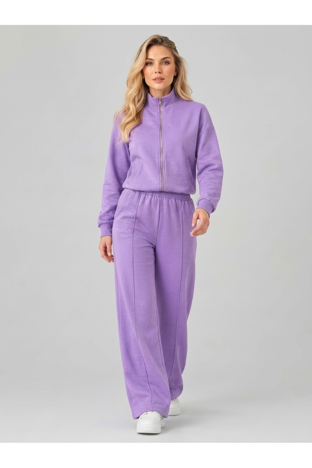 Lilac Purple Stand Collar Zippered Wide Leg Tracksuit Set Double Set Stitching Detailed Sporty Stylish Comfortable Cut