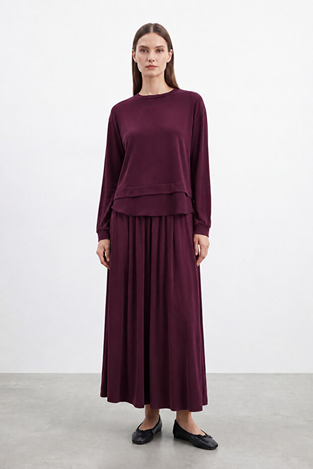 Women's Chiffon Detailed Modal Skirt Set - 14420 Mürdüm