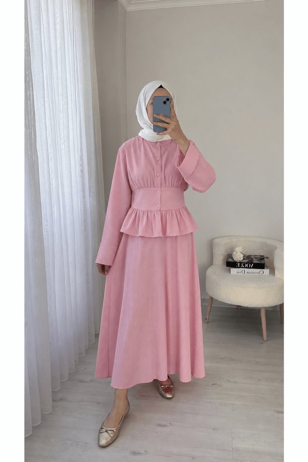 Beli Belt Detailed Striped Skirt Set - Pink