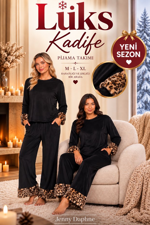 Women's Velvet Pajama Set with Plush Detail, Long Sleeve, Winter Comfortable Home Pajamas