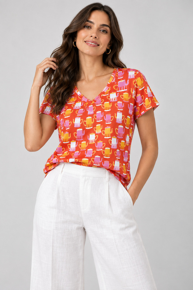 Women's 100% Cotton V-Neck Short Sleeve T-Shirt - Red Demlik