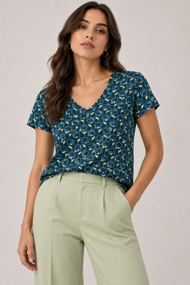 Women's 100% Cotton V-Neck Short Sleeve T-Shirt - Petrol Retro Floral