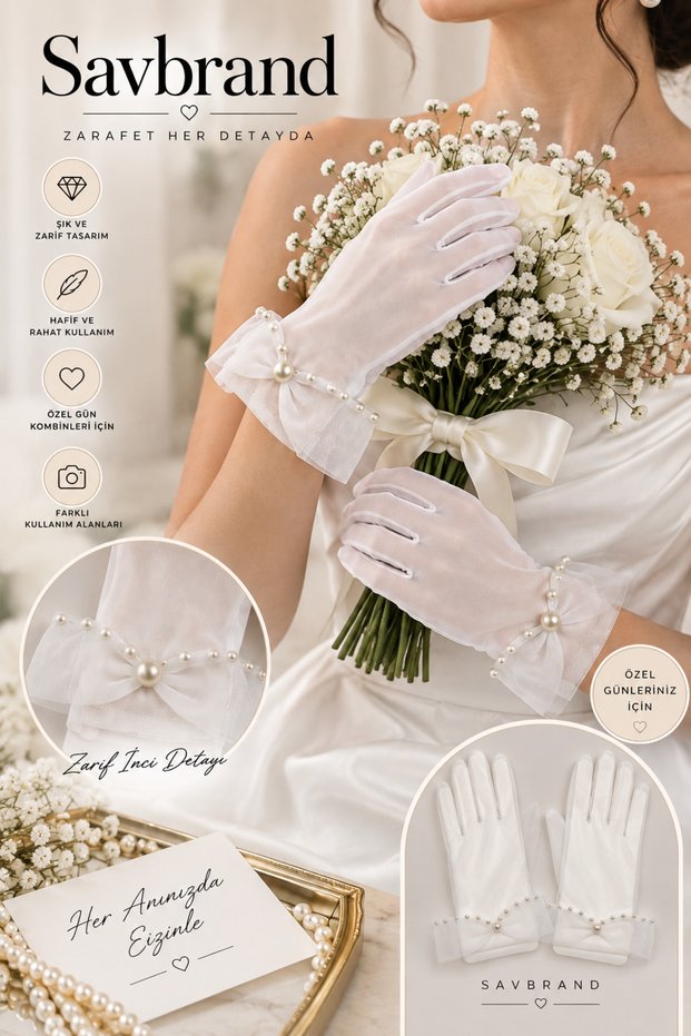 Bridal Gloves with Pearl and Tulle Detailing Stylish Elegant Gloves for Special Occasions