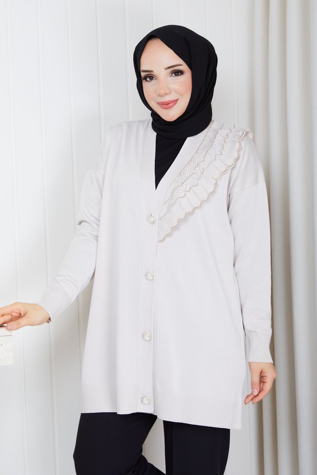 Women's Silvery Ruffled Heart Buttoned Mercerized Knitwear Cardigan